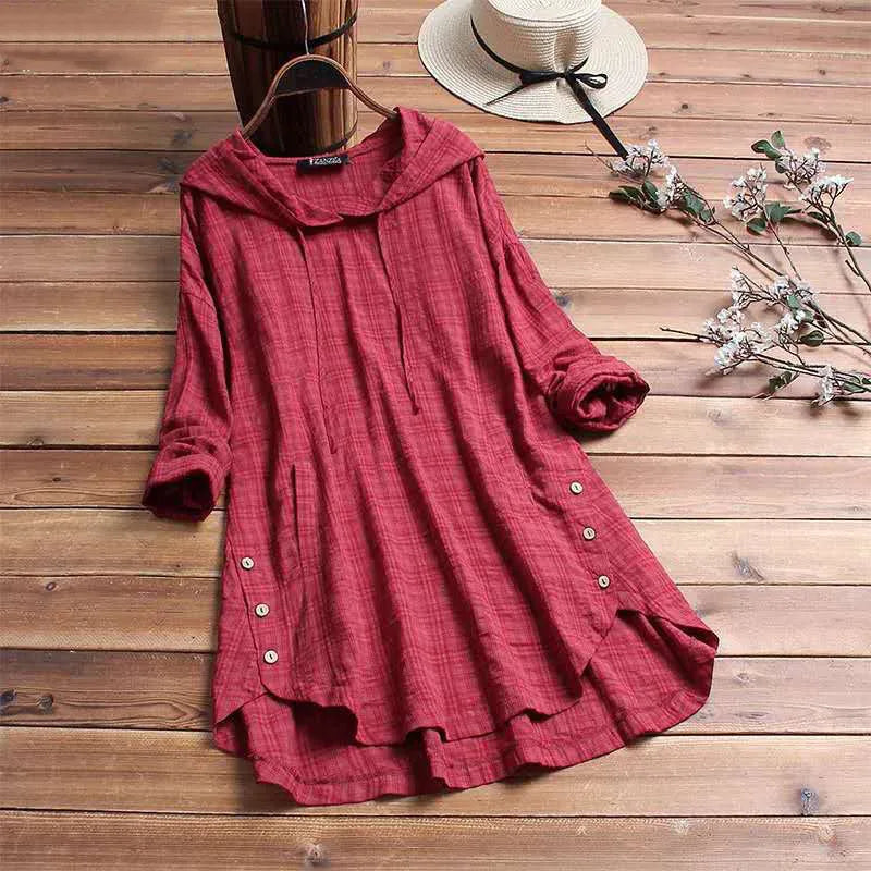 Women's check cotton hoodie with side buttons