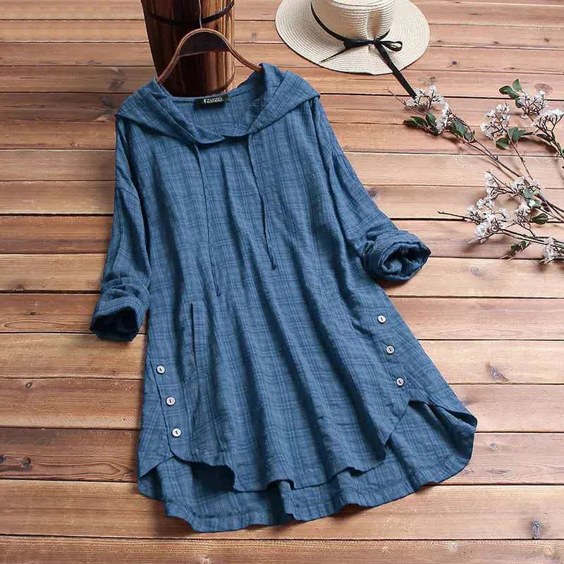 Women's check cotton hoodie with side buttons
