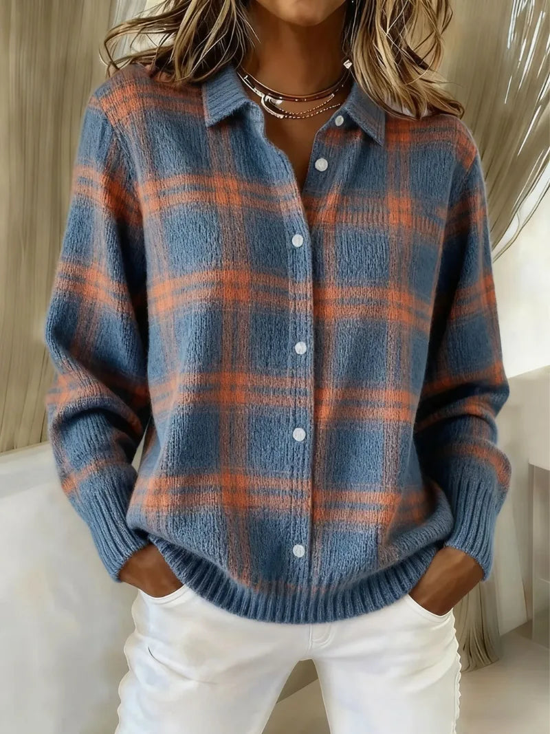 Women's check knit button-front cardigan in blue