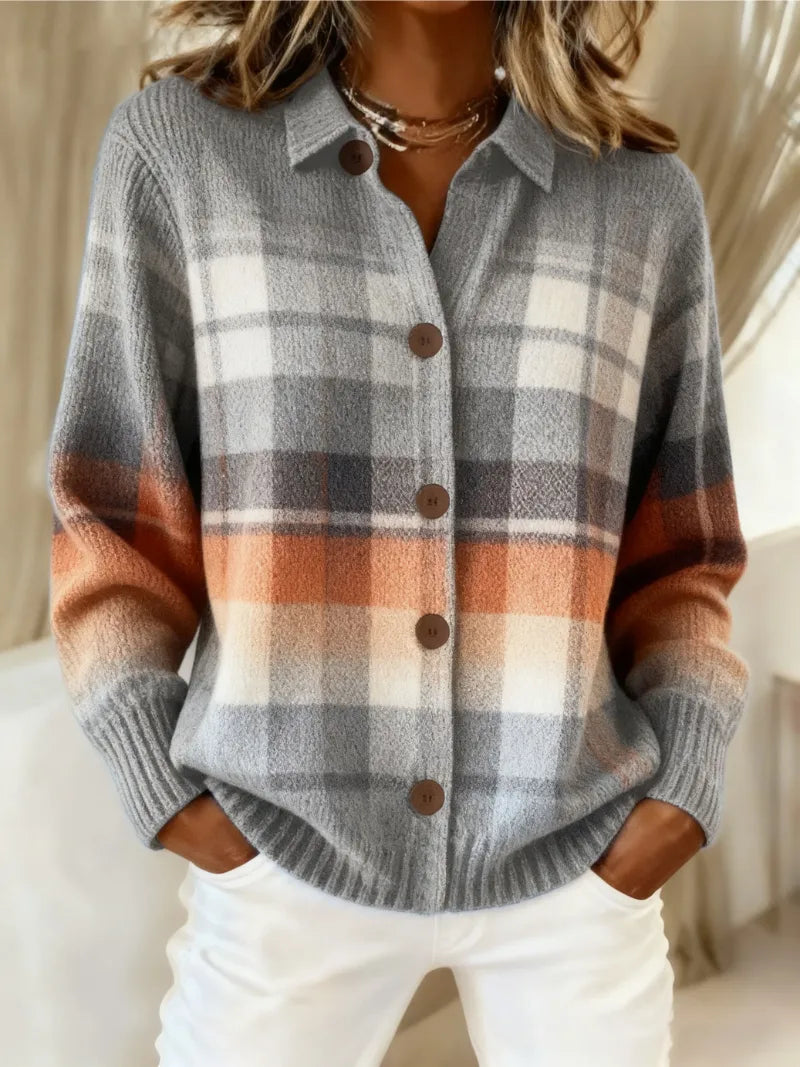 Women's check knit button-front cardigan in gray
