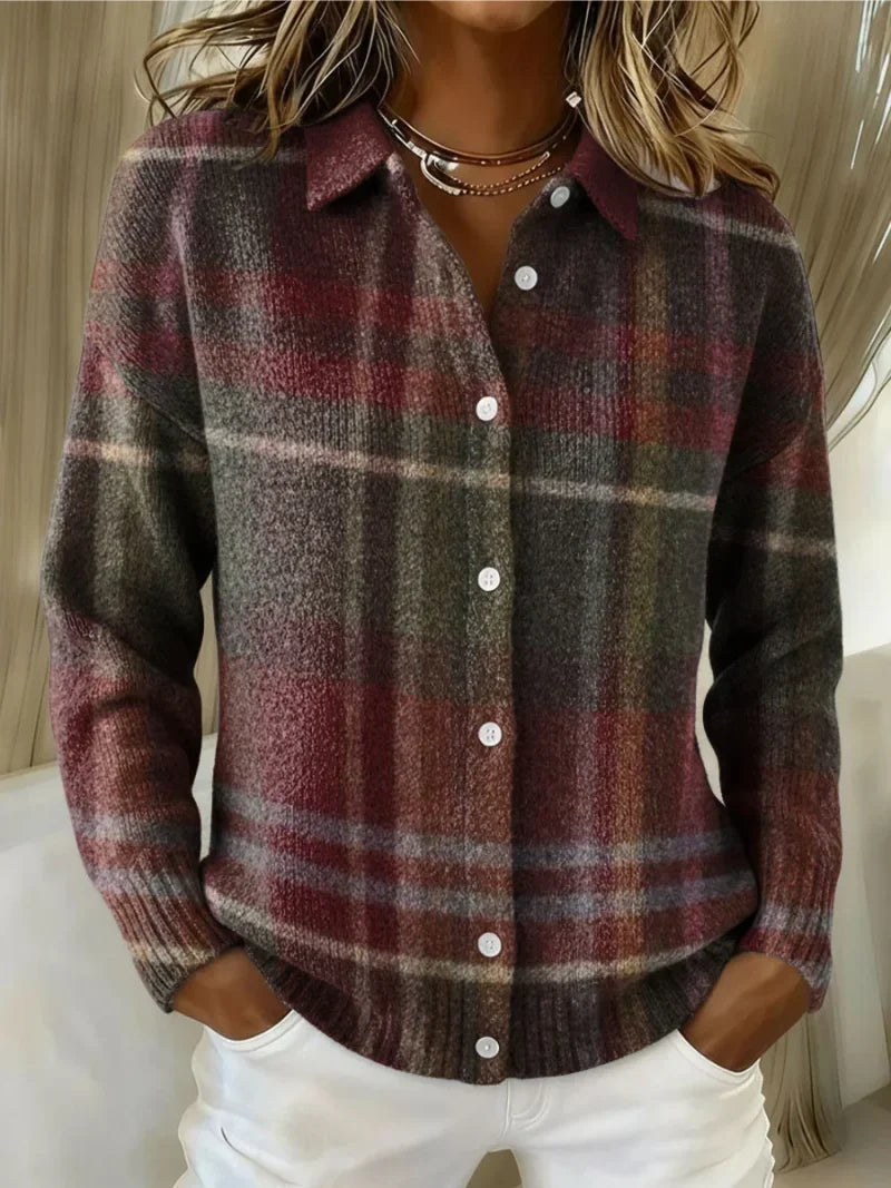 Women's check knit button-front cardigan with ribbed cuffs in red