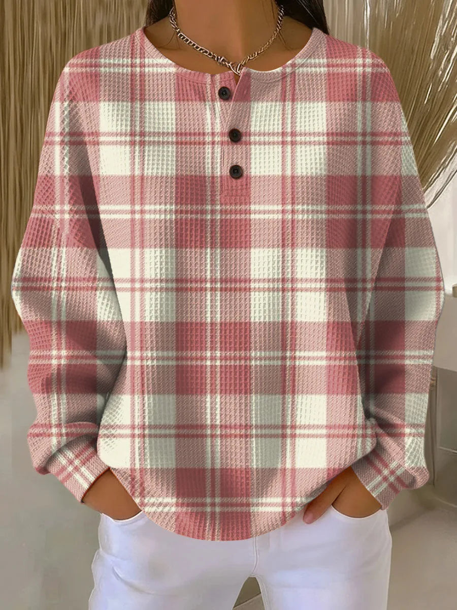 Women's check knit button-front top with waffle texture