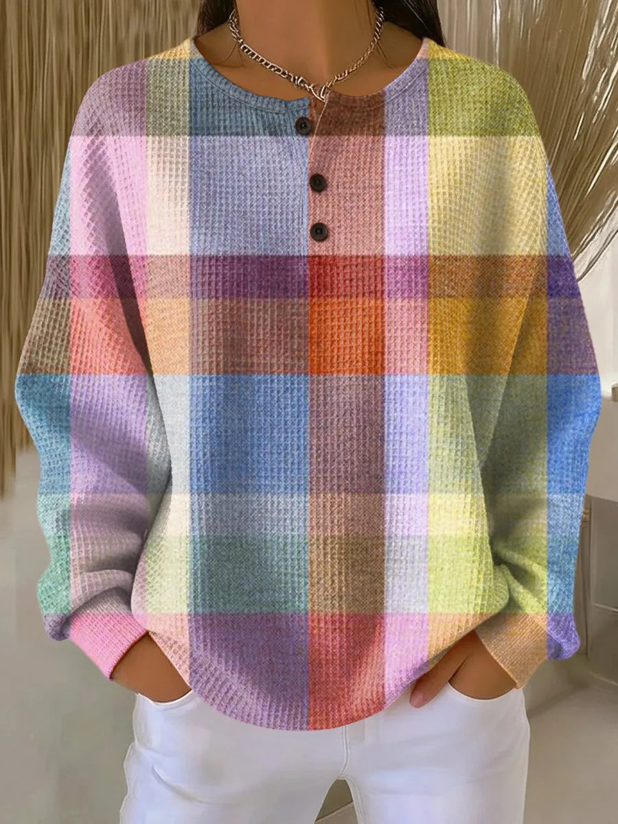 Women's check knit crew neck sweater with button placket