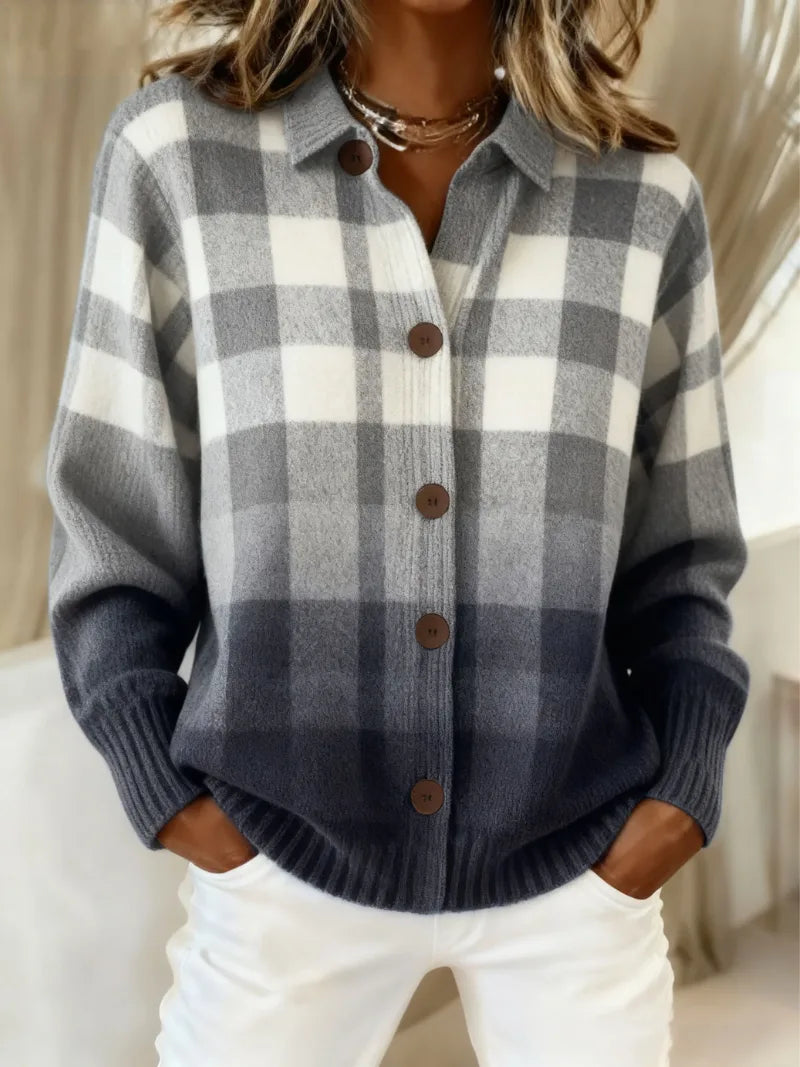 Women's checked knitted button-front blouse