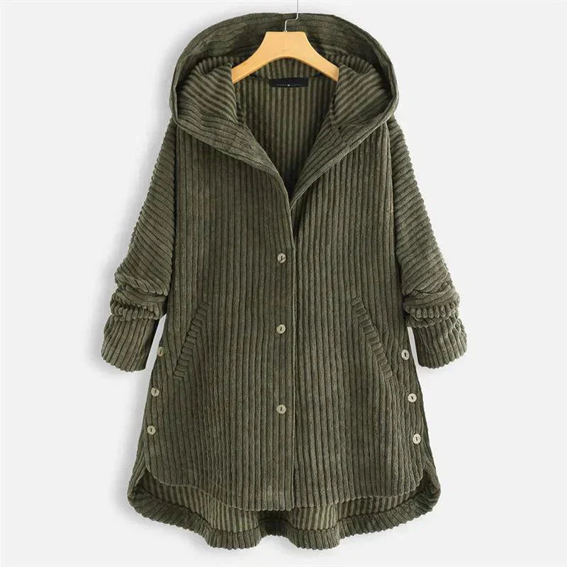 Women's corduroy button-front hooded cardigan with high-low hem