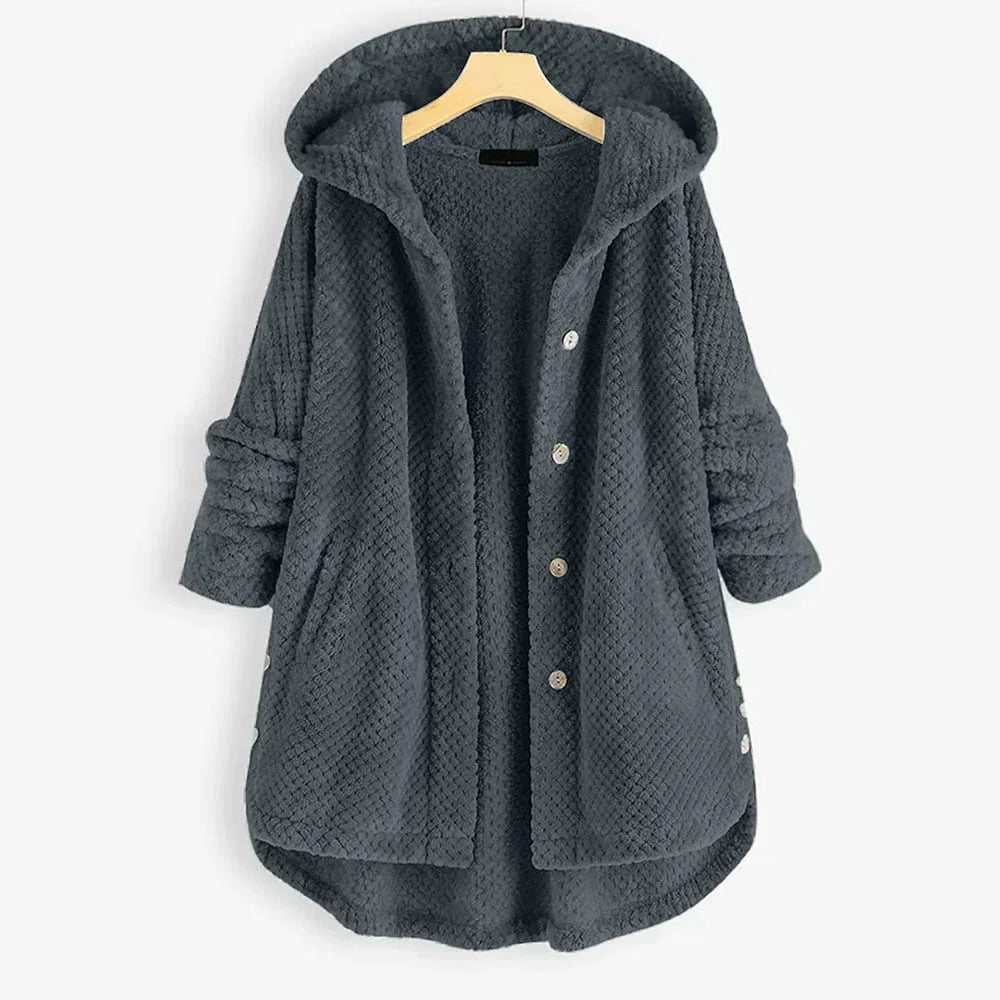 Women's corduroy button-front hooded cardigan with high-low hem
