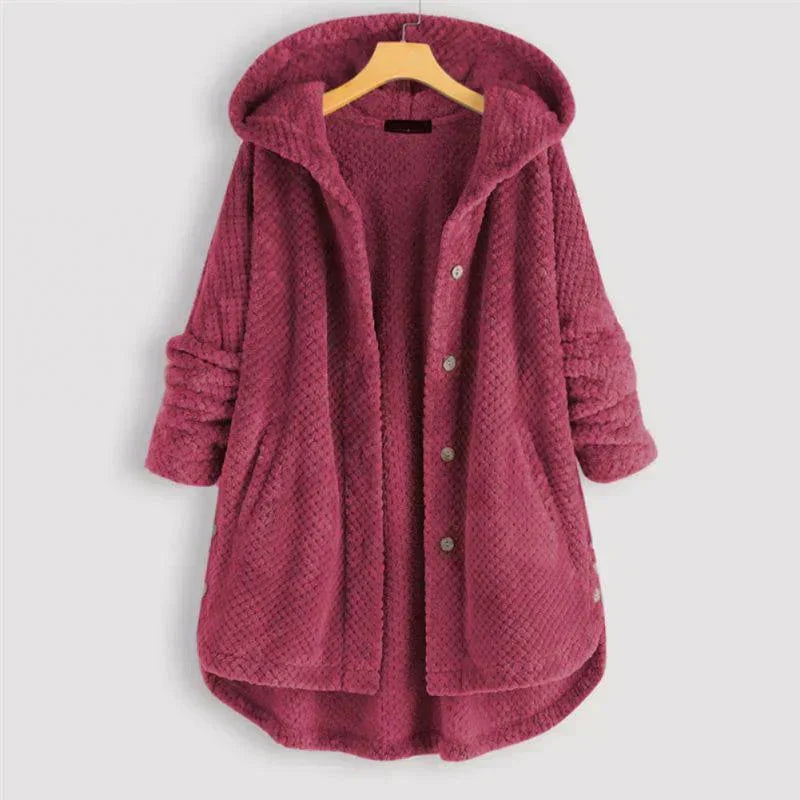 Women's corduroy button-front hooded cardigan with high-low hem