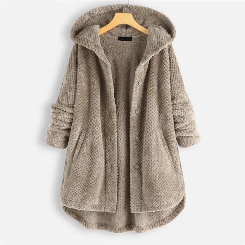 Women's corduroy button-front hooded cardigan with high-low hem