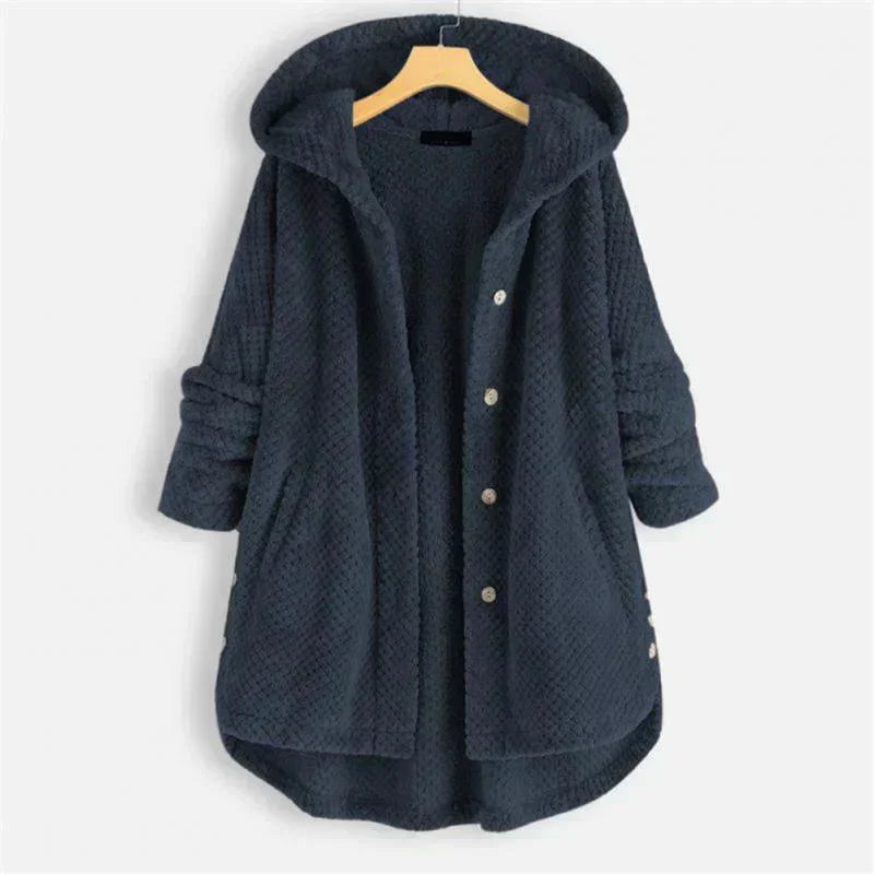 Women's corduroy button-front hooded cardigan with high-low hem