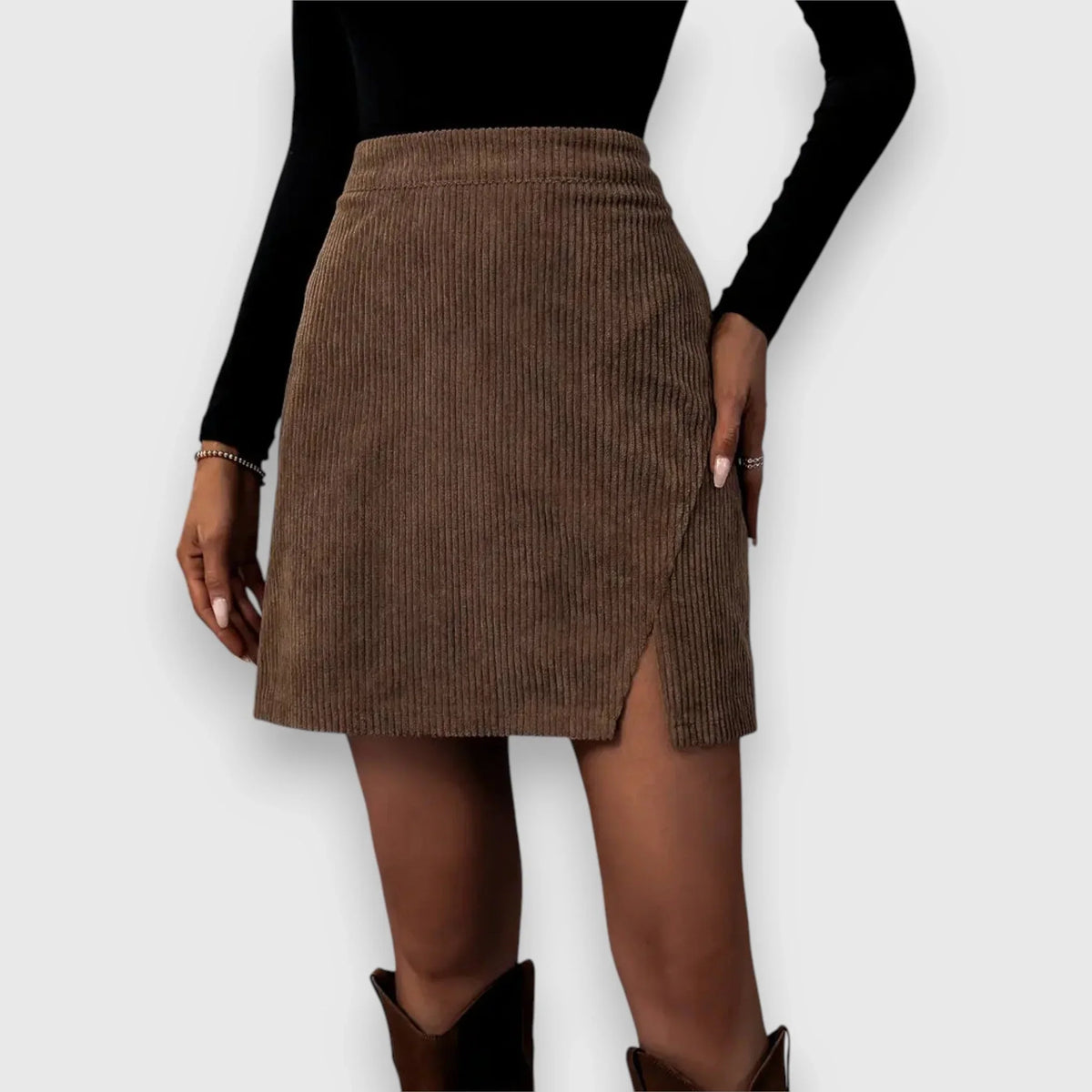 Women's corduroy side zip mini skirt with front slit
