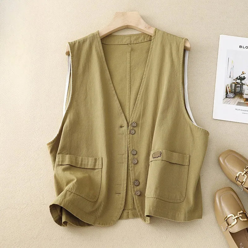 Women's cotton button-front v-neck cropped jacket with patch pockets
