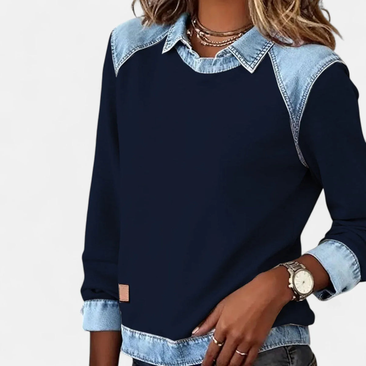 Women's cotton collared sweatshirt with denim contrast details