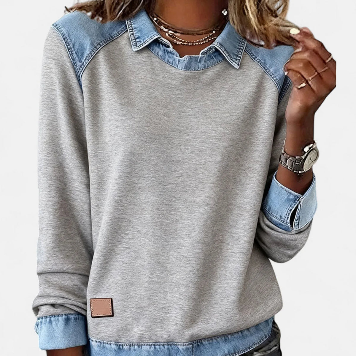 Women's cotton collared sweatshirt with denim contrast details