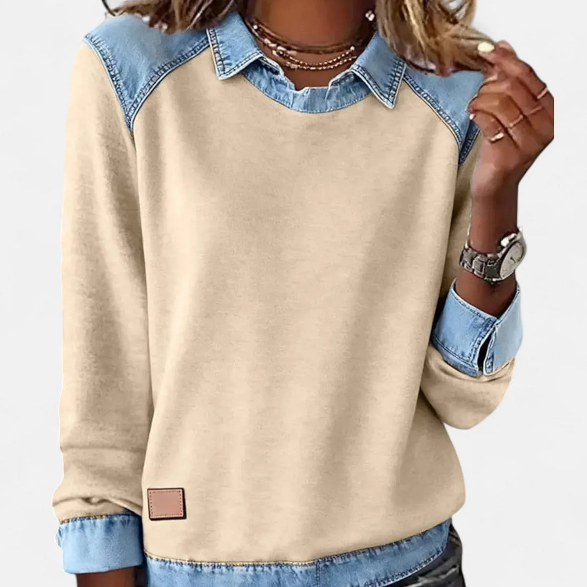 Women's cotton collared sweatshirt with denim contrast details
