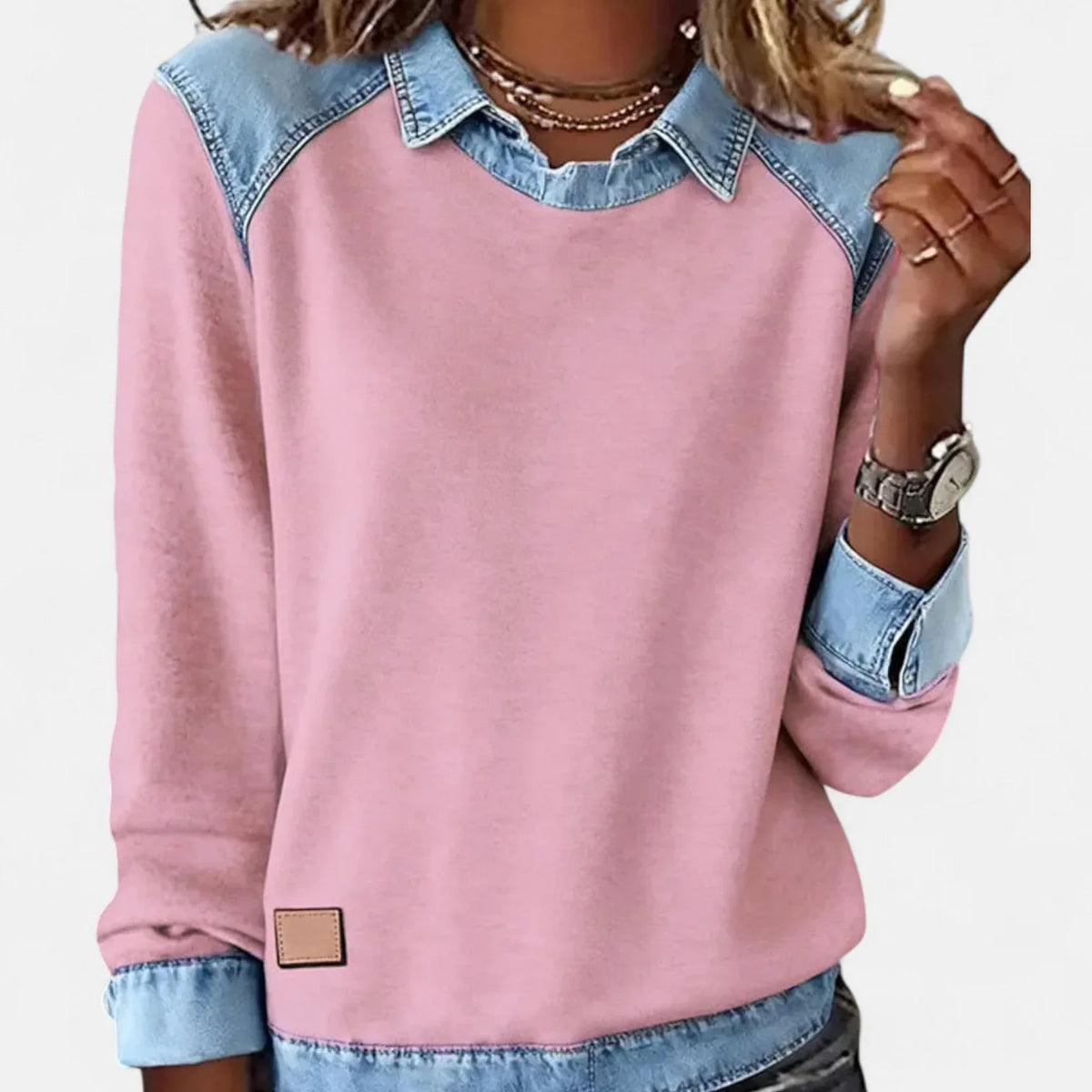 Women's cotton collared sweatshirt with denim contrast details