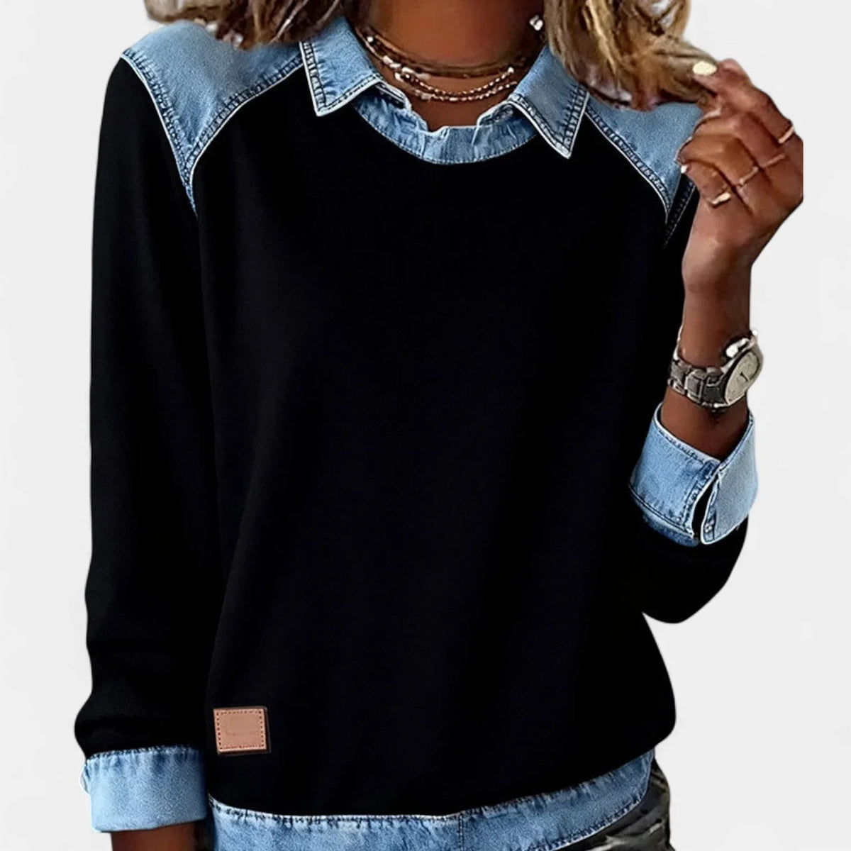 Women's cotton collared sweatshirt with denim contrast details
