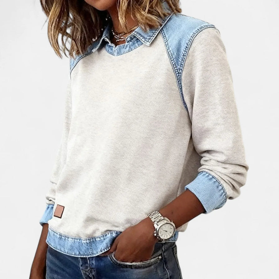 Women's cotton collared sweatshirt with denim contrast details