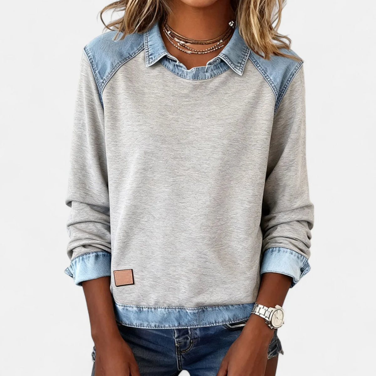Women's cotton collared sweatshirt with denim contrast details