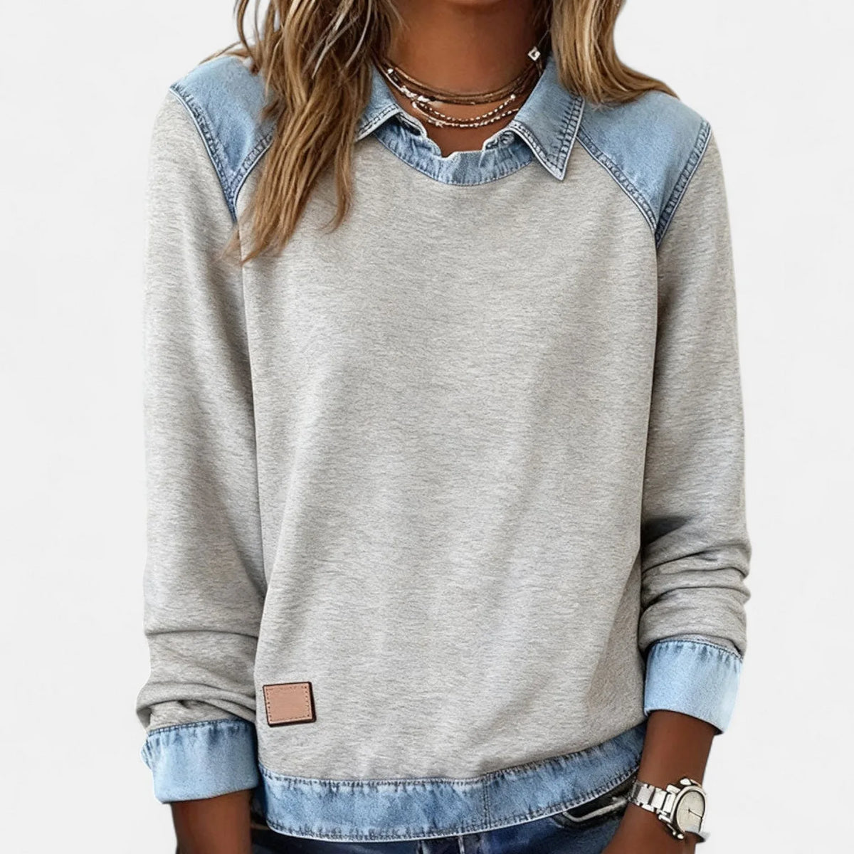 Women's cotton collared sweatshirt with denim contrast details