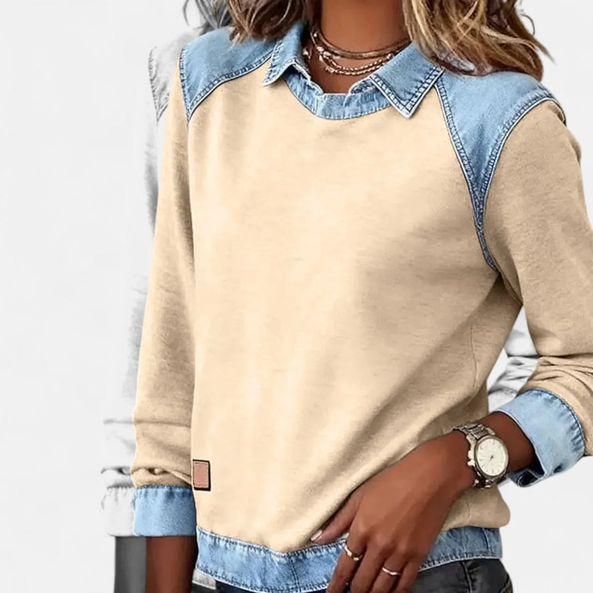 Women's cotton collared sweatshirt with denim contrast details