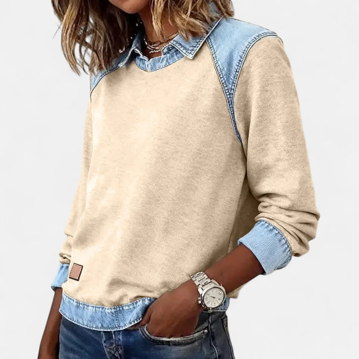 Women's cotton collared sweatshirt with denim contrast details