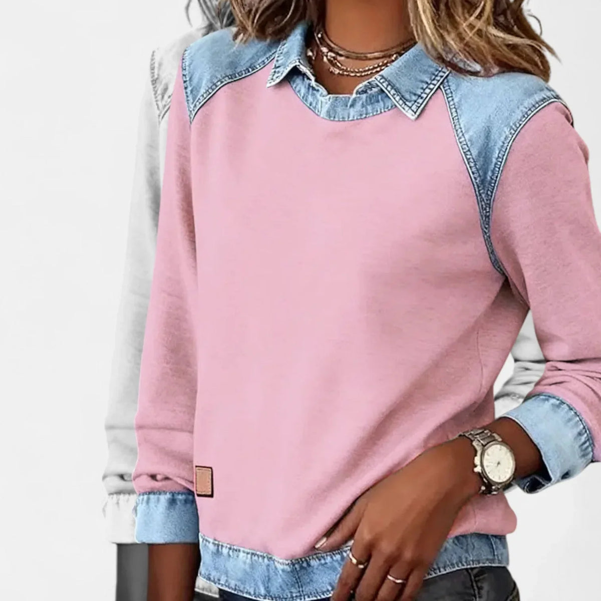 Women's cotton collared sweatshirt with denim contrast details