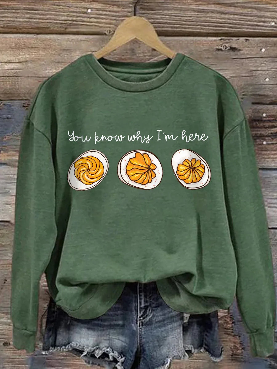 Women's cotton crew neck sweatshirt with deviled egg graphic print