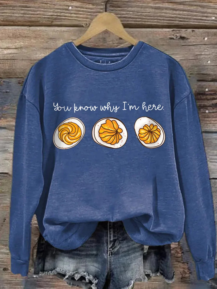 Women's cotton crew neck sweatshirt with deviled egg graphic print