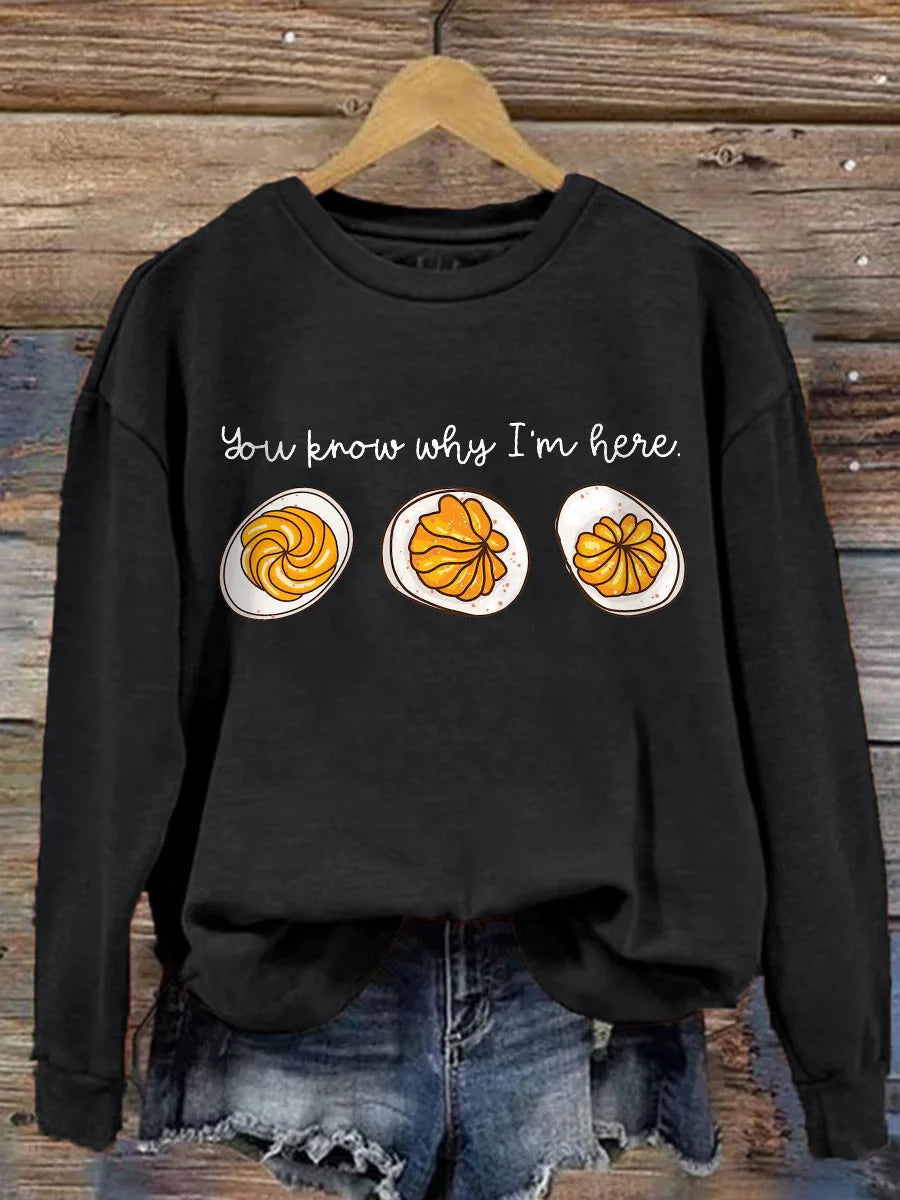 Women's cotton crew neck sweatshirt with deviled egg graphic print