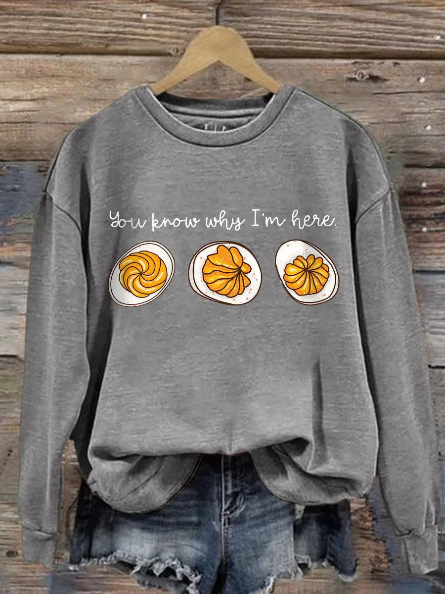 Women's cotton crew neck sweatshirt with deviled egg graphic print