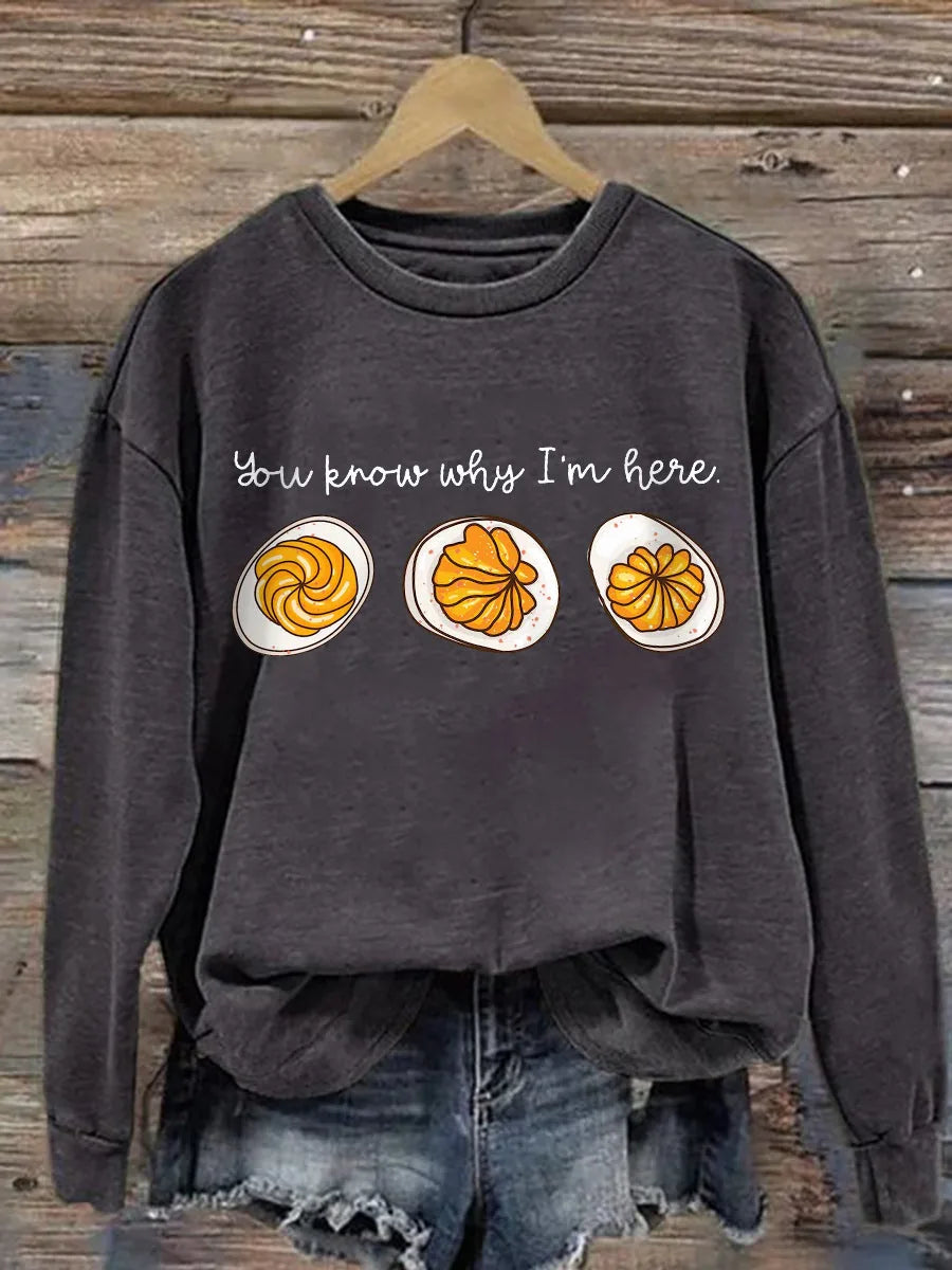 Women's cotton crew neck sweatshirt with deviled egg graphic print