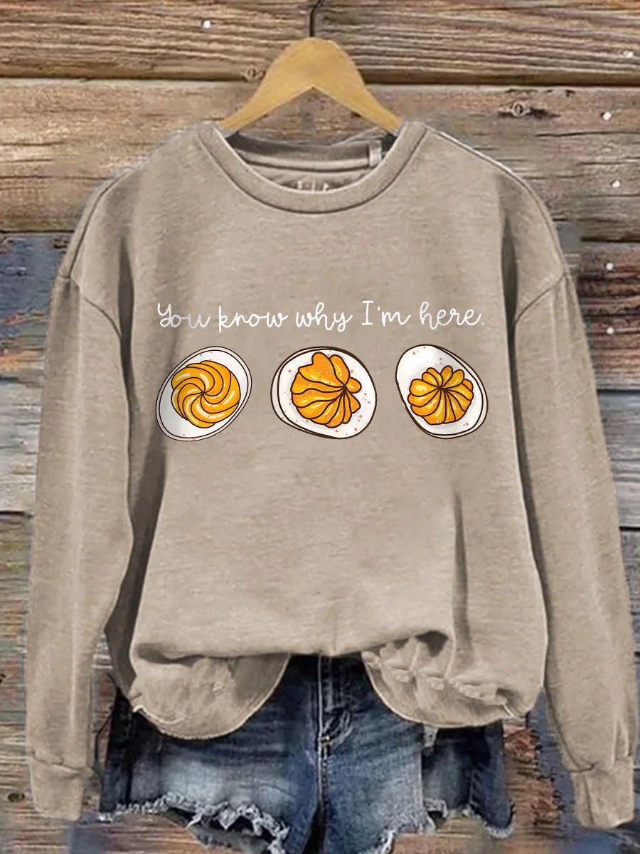 Women's cotton crew neck sweatshirt with deviled egg graphic print