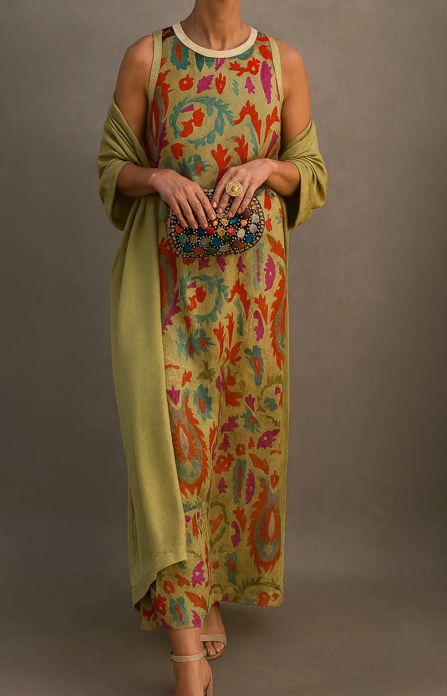 Women's crew neck maxi dress with embroidered pattern