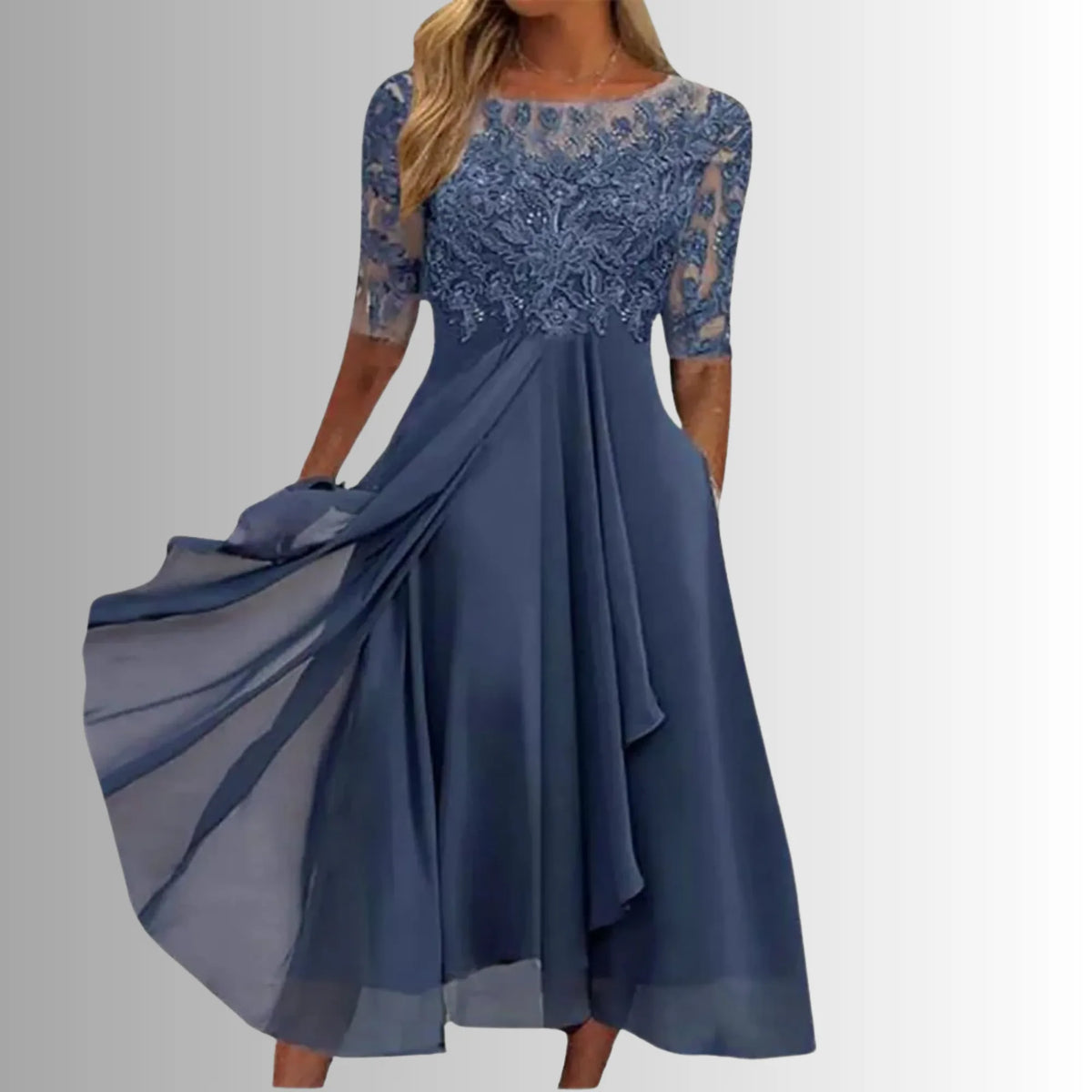 Women's crew neck midi dress with lace embroidered bodice
