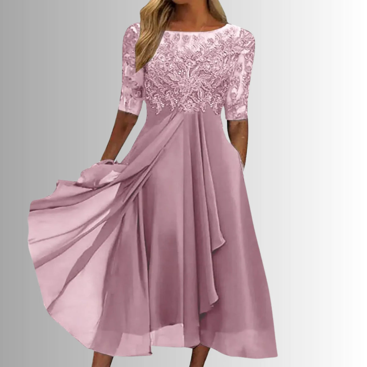 Women's crew neck midi dress with lace embroidered bodice