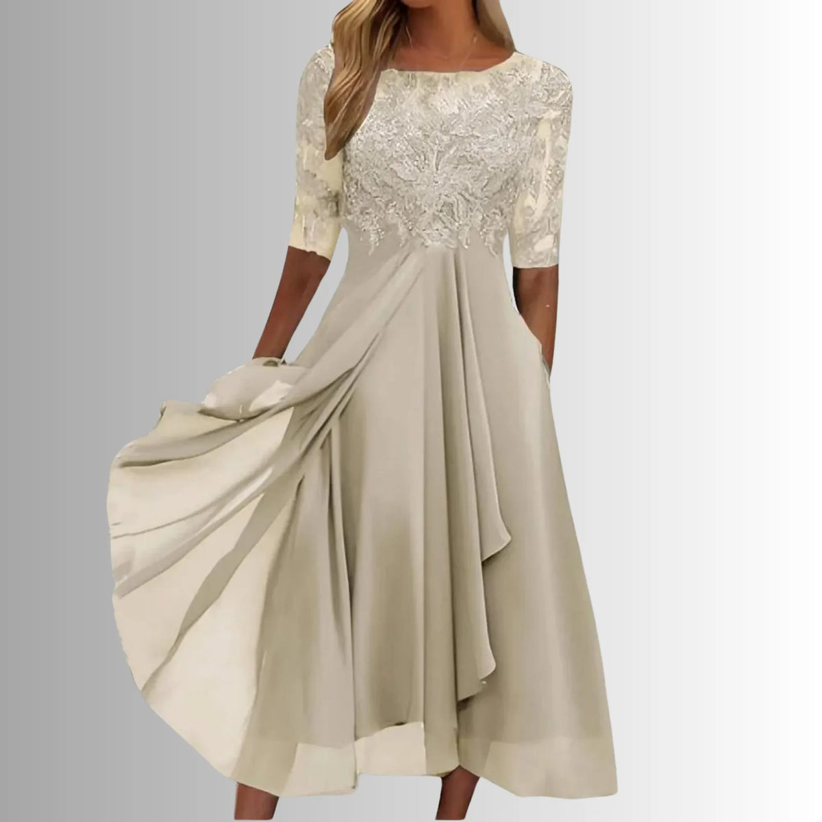 Women's crew neck midi dress with lace embroidered bodice