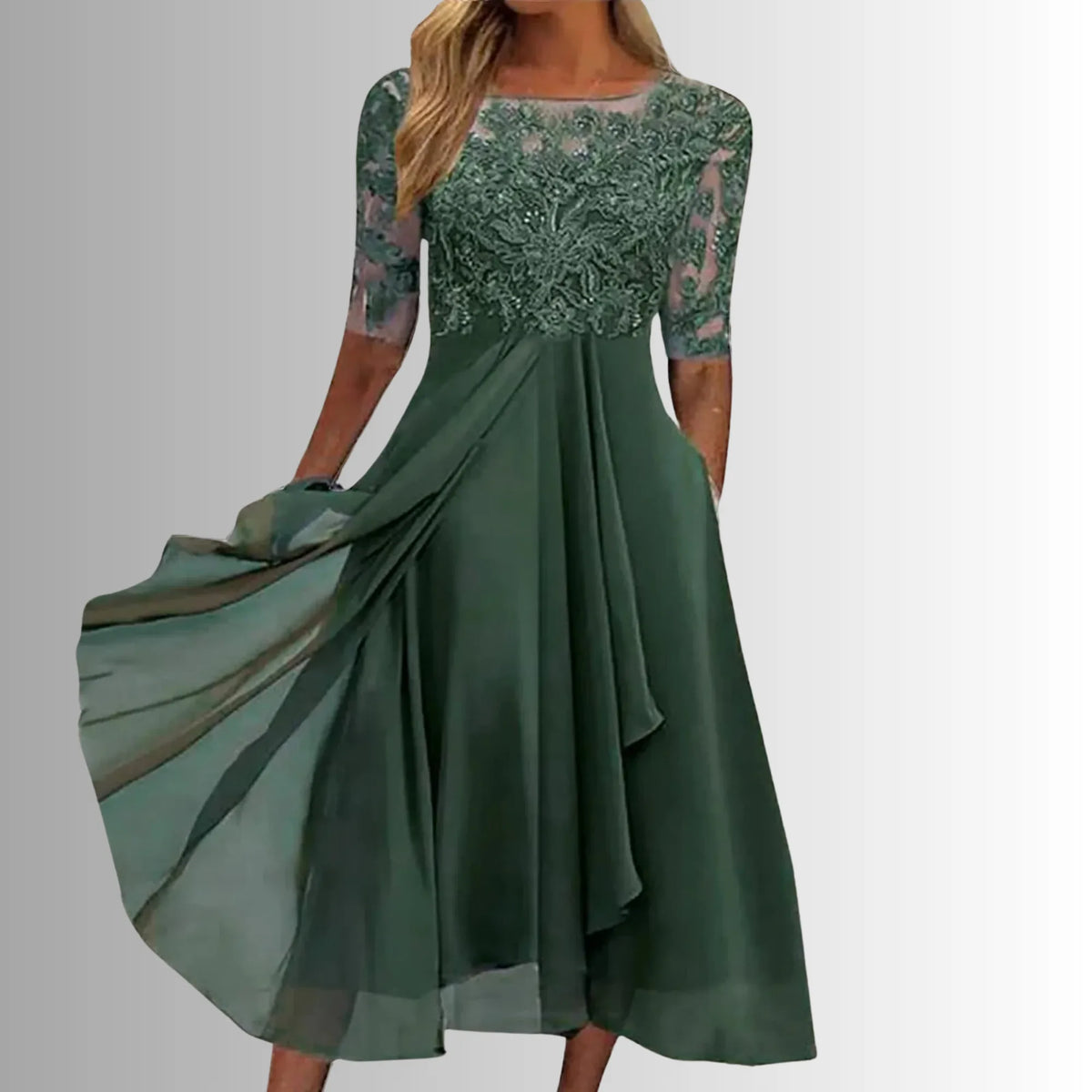 Women's crew neck midi dress with lace embroidered bodice