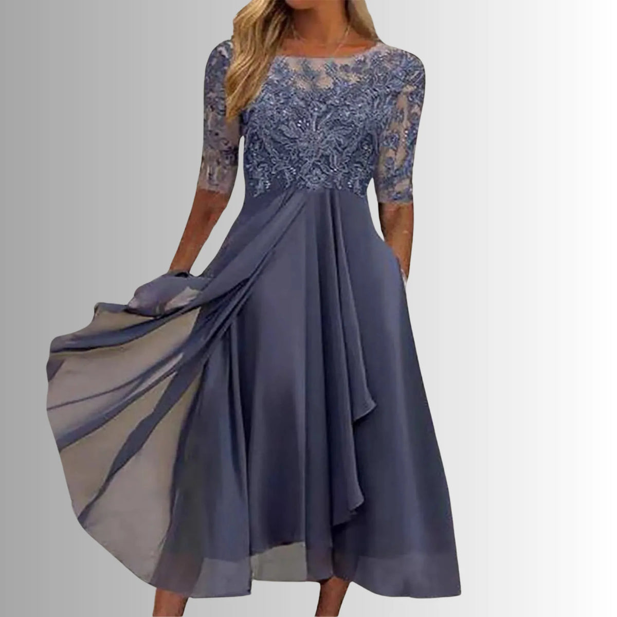 Women's crew neck midi dress with lace embroidered bodice