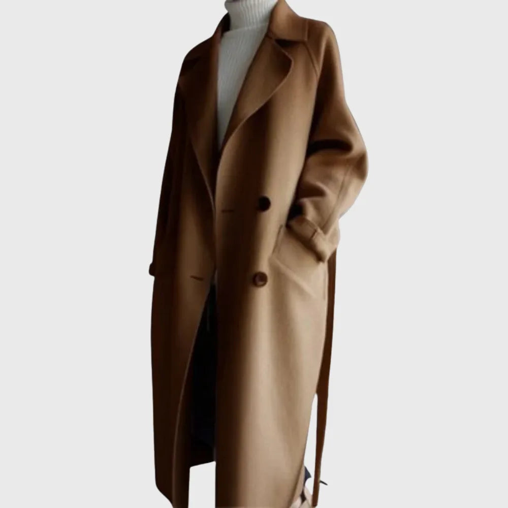 Women's double-breasted notch lapel maxi wool coat with tie belt