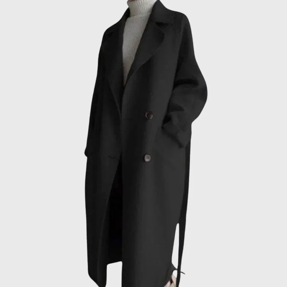Women's double-breasted notch lapel maxi wool coat with tie belt