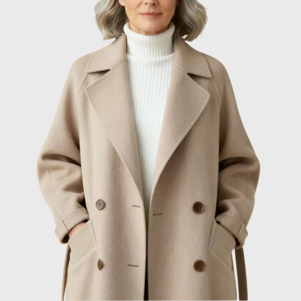 Women's double-breasted notch lapel maxi wool coat with tie belt