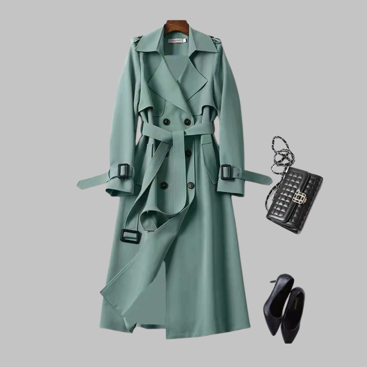 Women's double-breasted notch lapel midi trench coat
