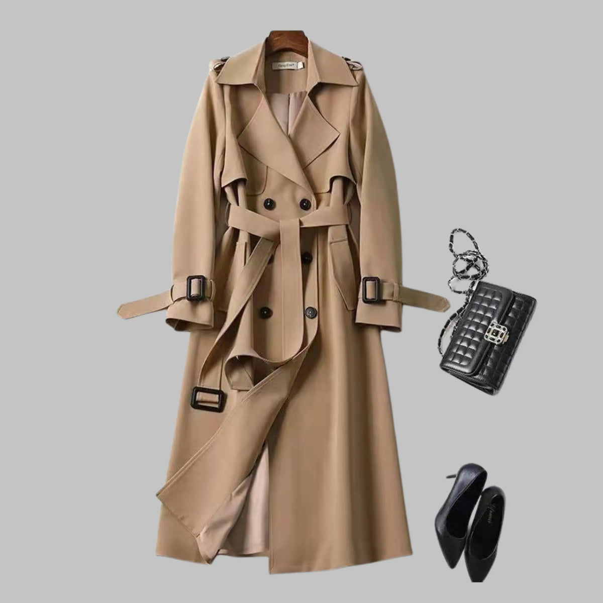 Women's double-breasted notch lapel midi trench coat