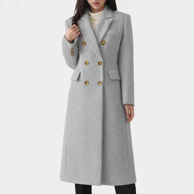 Women's double-breasted notch lapel wool coat with button front