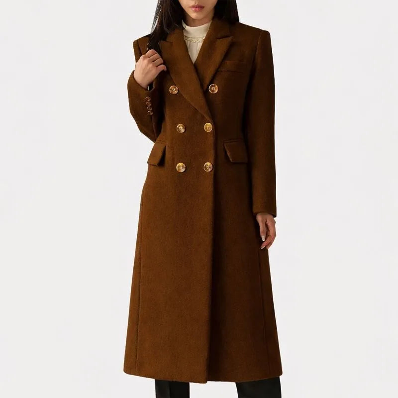 Women's double-breasted notch lapel wool coat with button front