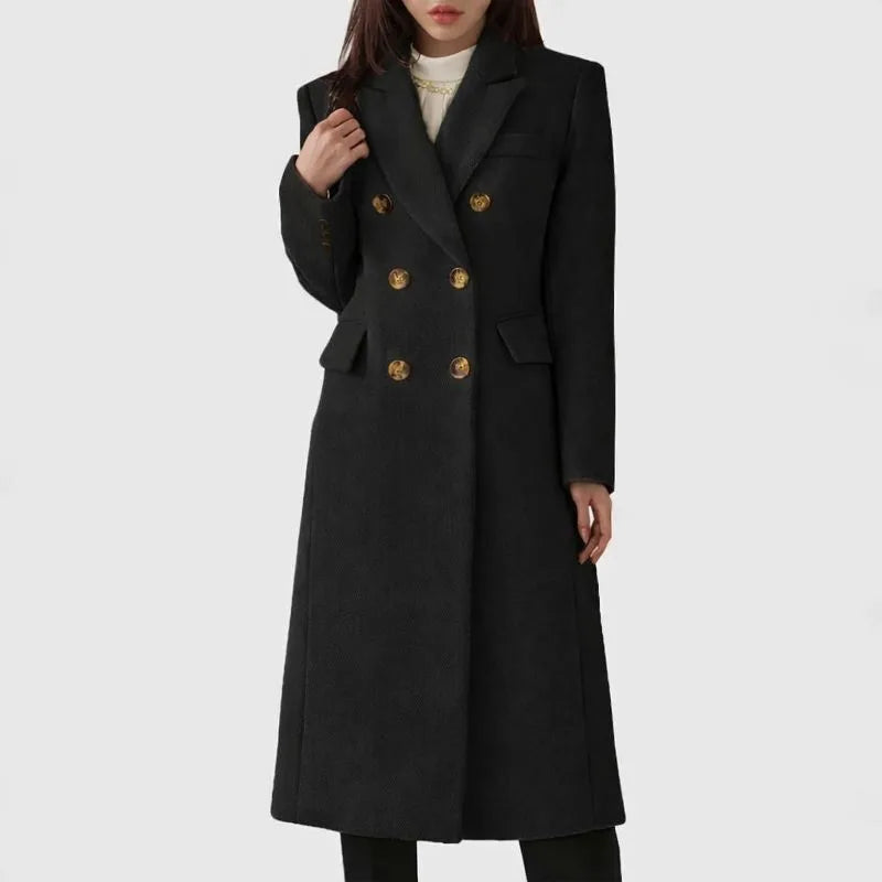 Women's double-breasted notch lapel wool coat with button front