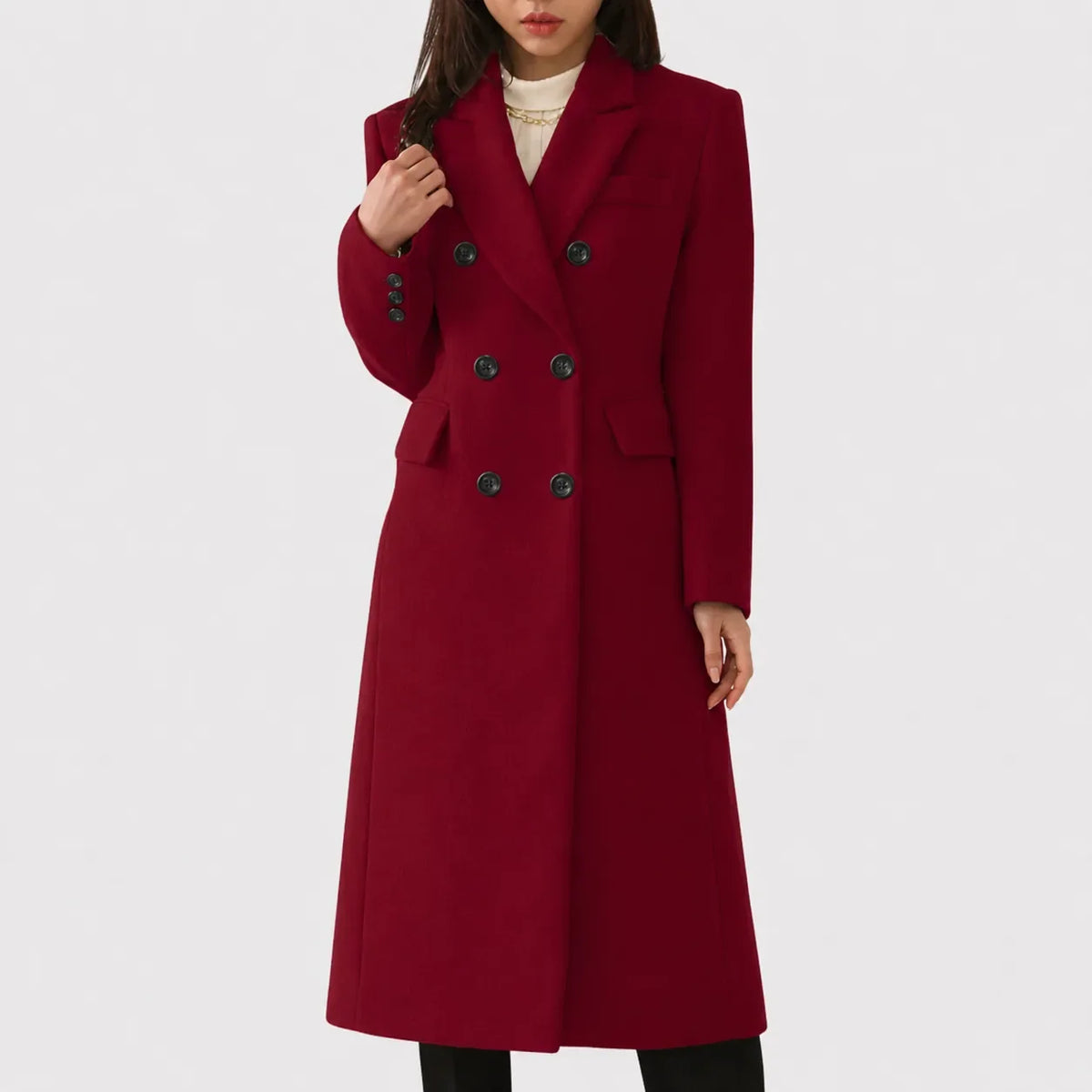 Women's double-breasted notch lapel wool coat with button front