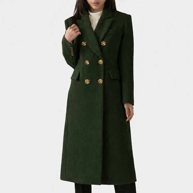 Women's double-breasted notch lapel wool coat with button front
