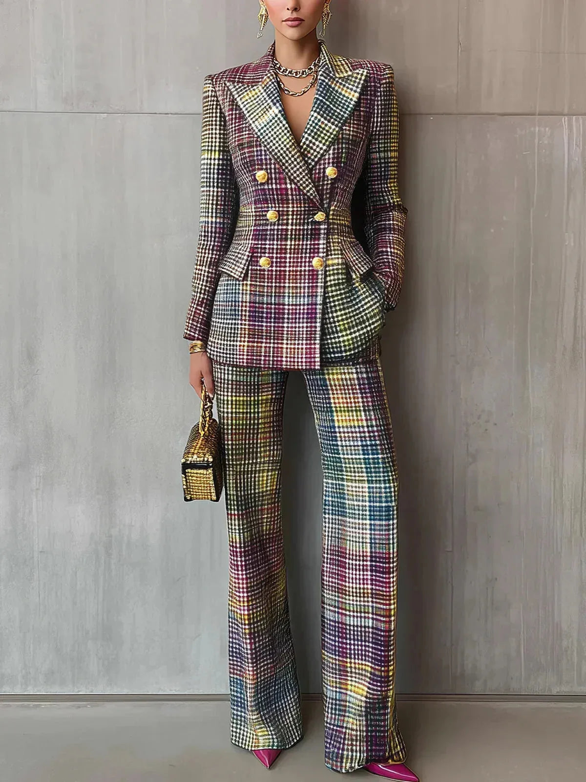 Women's Double Breasted Plaid Blazer Suit Set