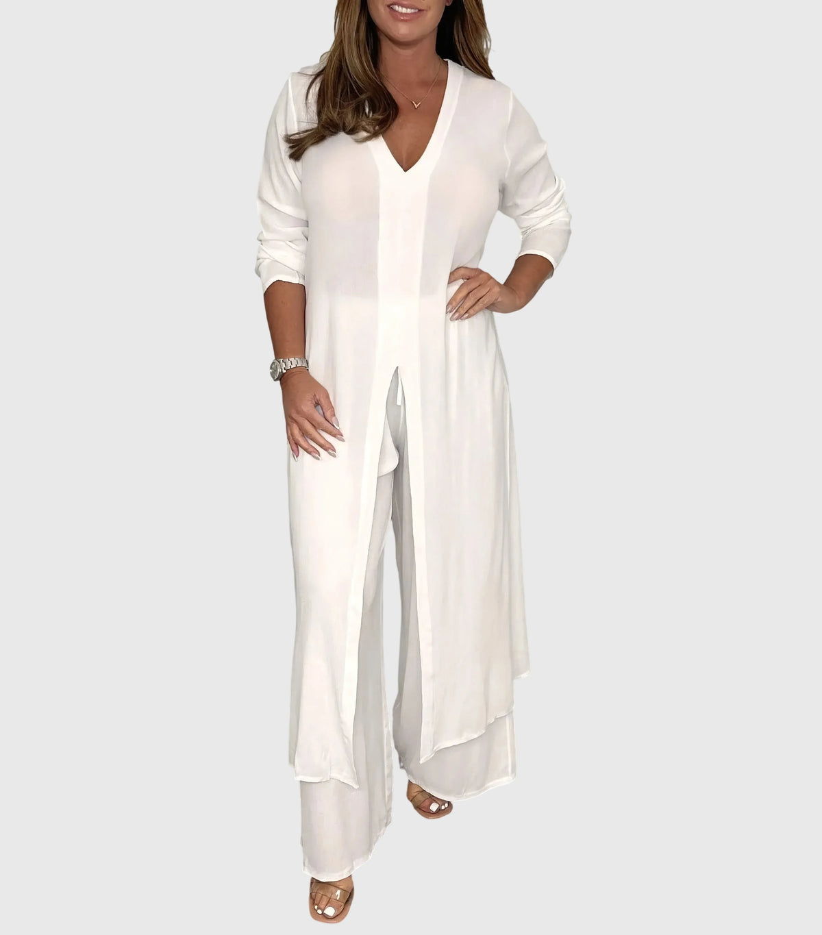 Women's Duster Cardigan Two-Piece Set Wide Leg Pants